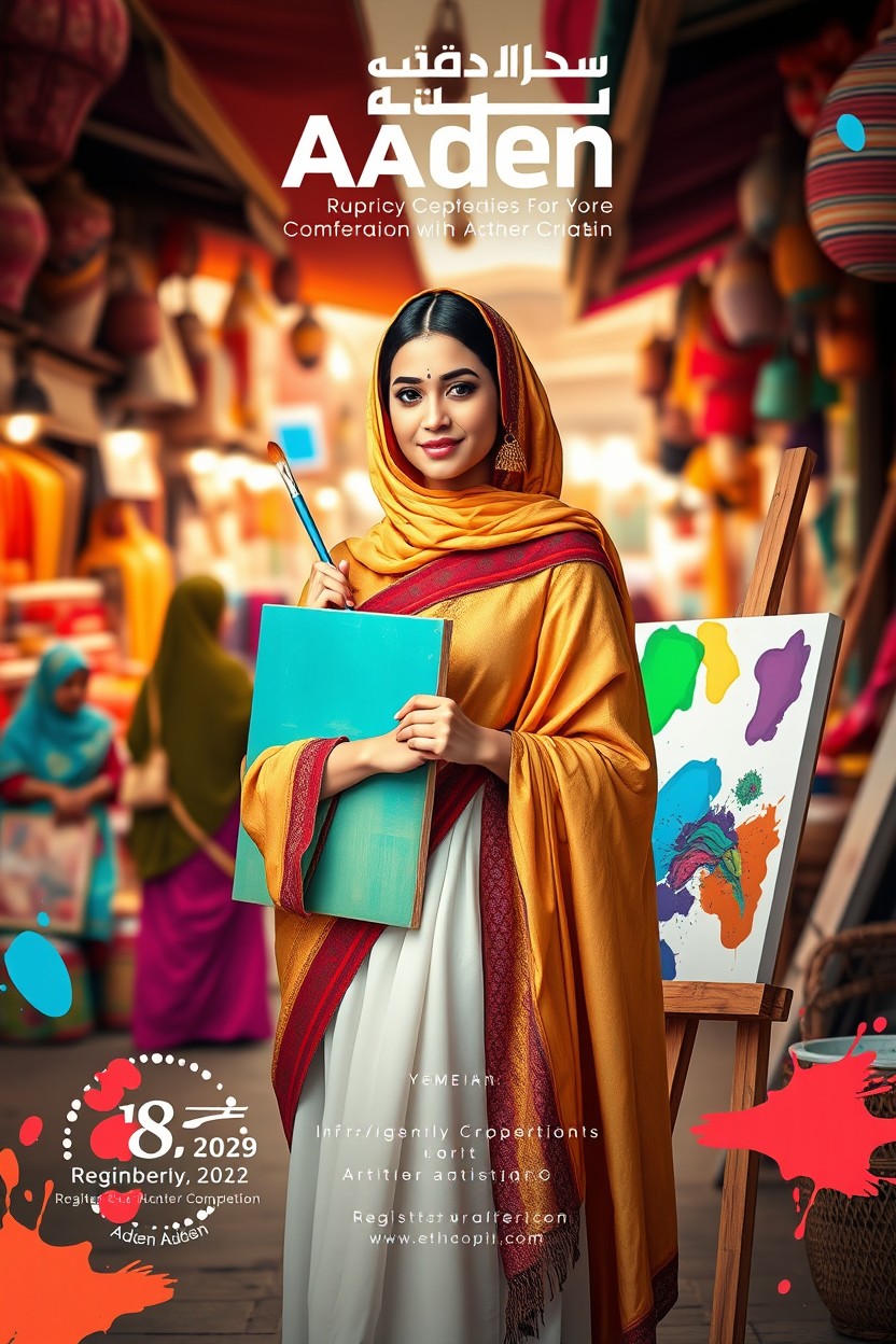 An elegant Yemeni woman in a traditional shidder, standing proudly in a vibrant market scene of the women’s market in Crater, Aden
