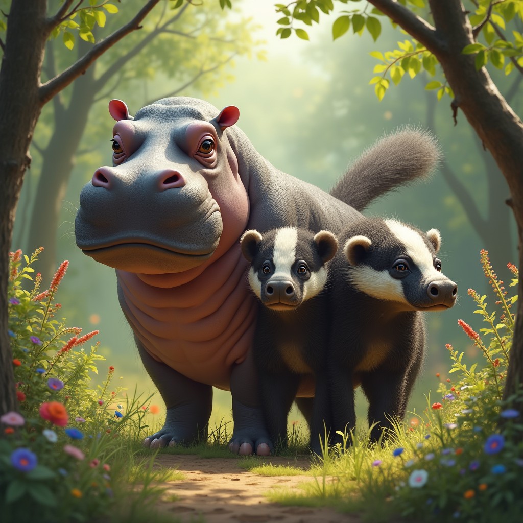A whimsical creature featuring three heads: one head of a massive hippopotamus with its rounded snout and gentle eyes, another head of a fierce badger with distinct stripes, sharp features, and a determined expression, and a third head combining elements of both, showcasing a blend of the hippo's bulk and the badger's tenacity
