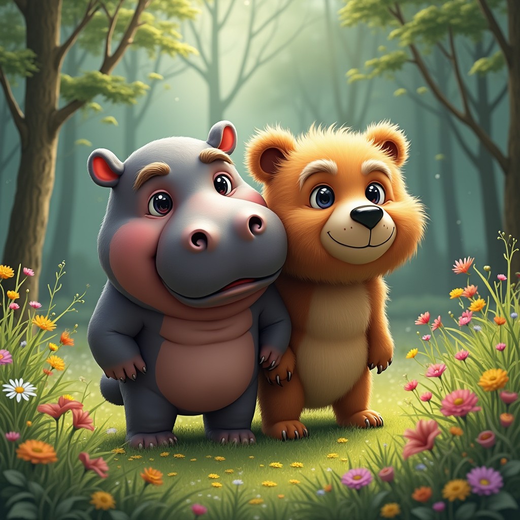 A whimsical creature with two heads: one head of a robust hippopotamus with its characteristic wide mouth and smooth skin, and the other head of a fluffy bear with soft fur and a friendly expression