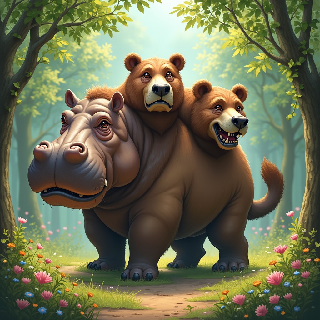 An imaginative creature with three heads: one head resembling a large, robust hippopotamus with a broad mouth and gentle eyes, another head of a fierce bear featuring a thick fur coat and powerful jaws, and the third head creatively combining elements of both, merging the hippo's large, rounded shape and the bear's fierce, majestic features