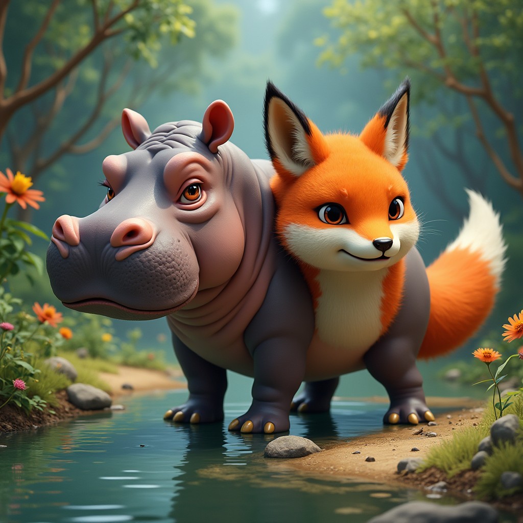 An imaginative creature featuring two heads: one head resembling a sturdy hippopotamus with its broad snout, big eyes, and gentle expression, and the other head of a sleek fox, characterized by its sharp features, pointed ears, and cunning smile