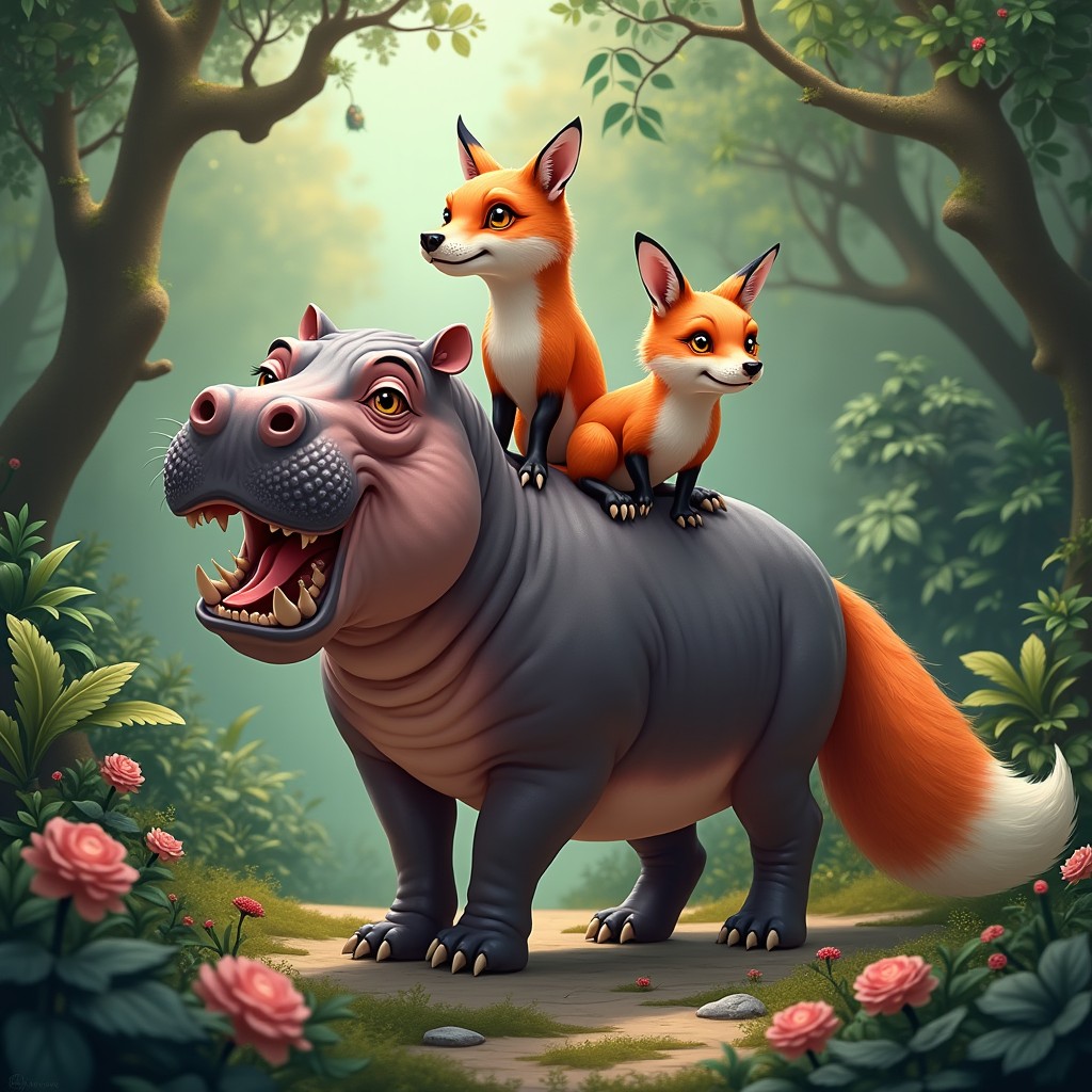 An extraordinary creature featuring three heads: one head of a large and friendly hippopotamus with its characteristic wide mouth and gentle expression, the second head of a sleek and clever fox showcasing its sharp features and playful demeanor, and the third head that creatively melds characteristics of both the hippo and the fox, combining the robust features of the hippo with the cunning look of the fox