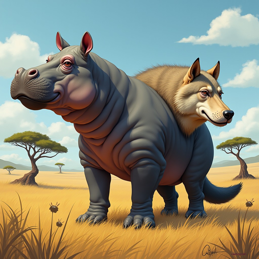 A fantastical creature featuring two heads: one head of a mighty hippopotamus with its characteristic broad grin and strong features, and the other head of a fierce wolf, showcasing sharp eyes and pointed ears, embodying a wild spirit