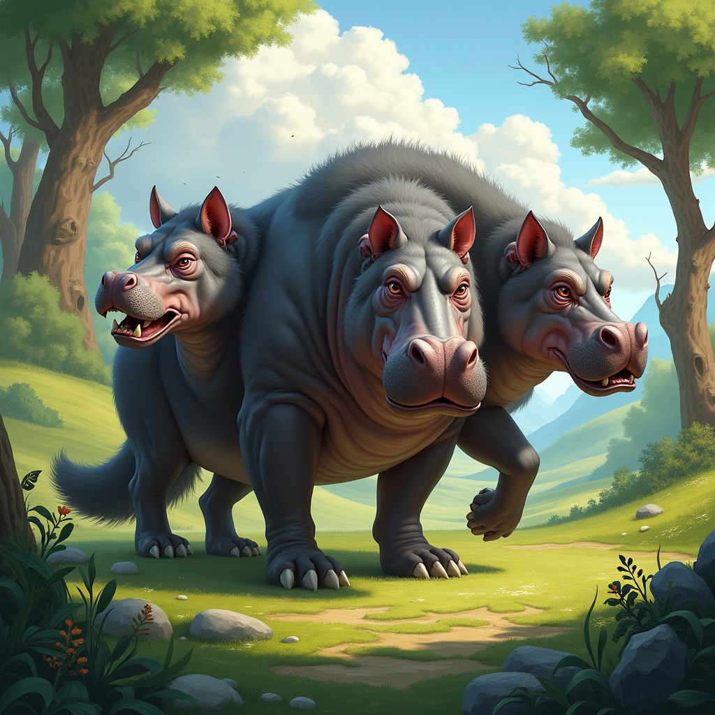 A fantastical creature featuring three heads: one head of a robust hippopotamus with its wide jaws and gentle eyes, another head of a fierce wolf embodying sharp features, attentive ears, and a cunning expression, and a third head that merges elements of both animals, perhaps showcasing the hippo's sturdiness combined with the wolf's agility