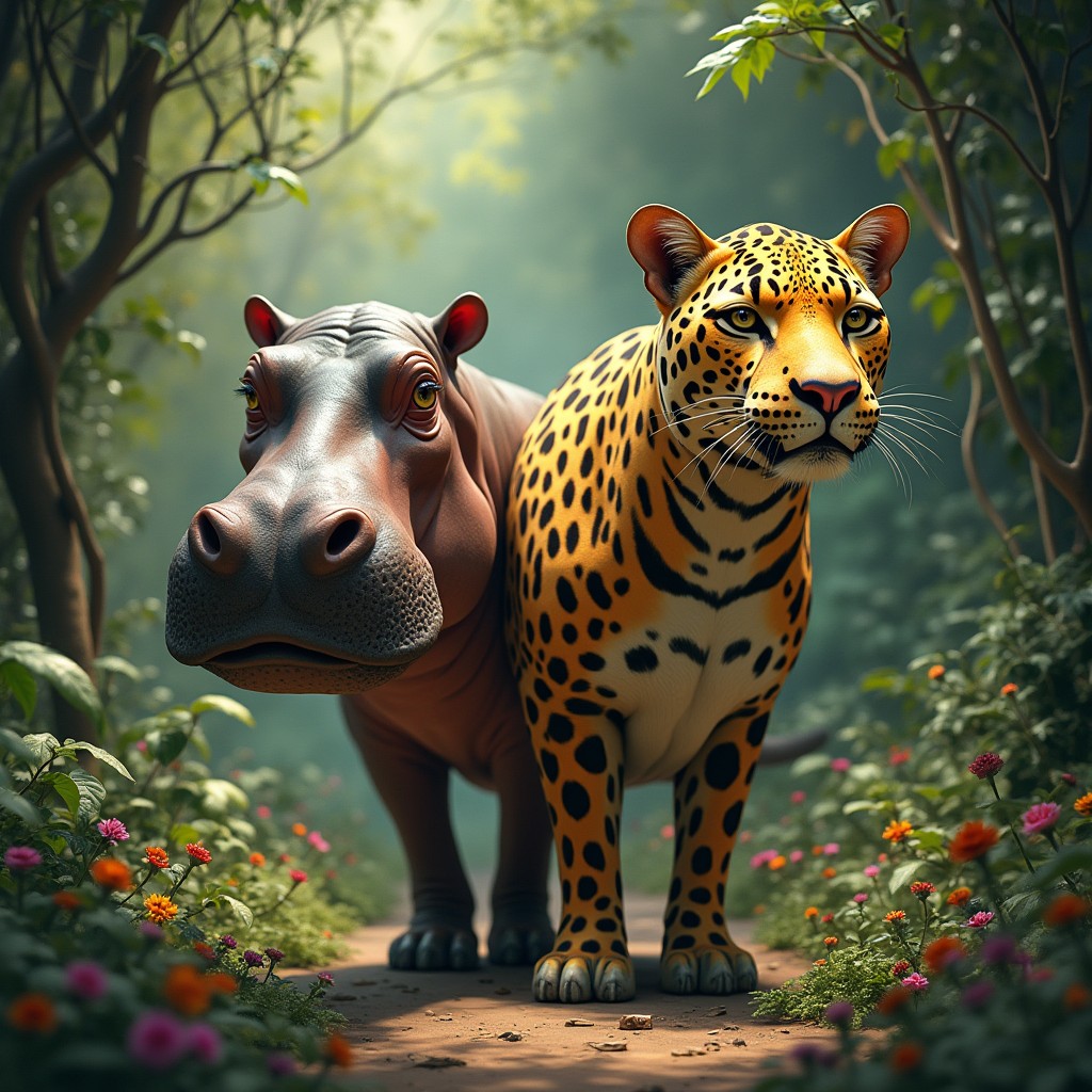 An imaginative creature with two heads: one head of a large, gentle hippopotamus featuring its signature broad mouth and big, smiling eyes, and the other head of a sleek leopard with striking golden fur covered in distinctive black rosettes, exuding a sense of grace and alertness