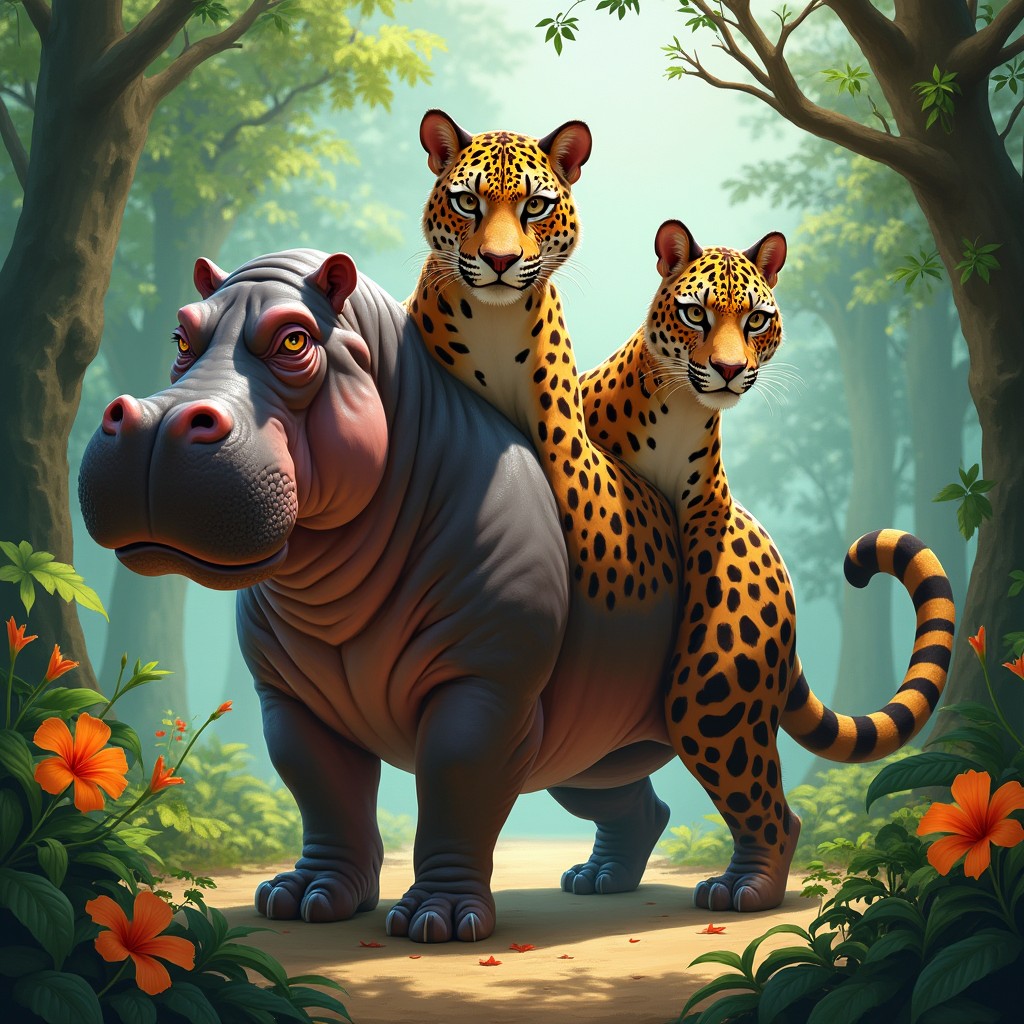 A fantastical creature featuring three heads: one head of a hefty hippopotamus with its broad features and soulful eyes, another head of a sleek leopard with striking spots and a fierce, confident expression, and a third head that combines elements of both, blending the hippo's stoutness with the elegance of the leopard