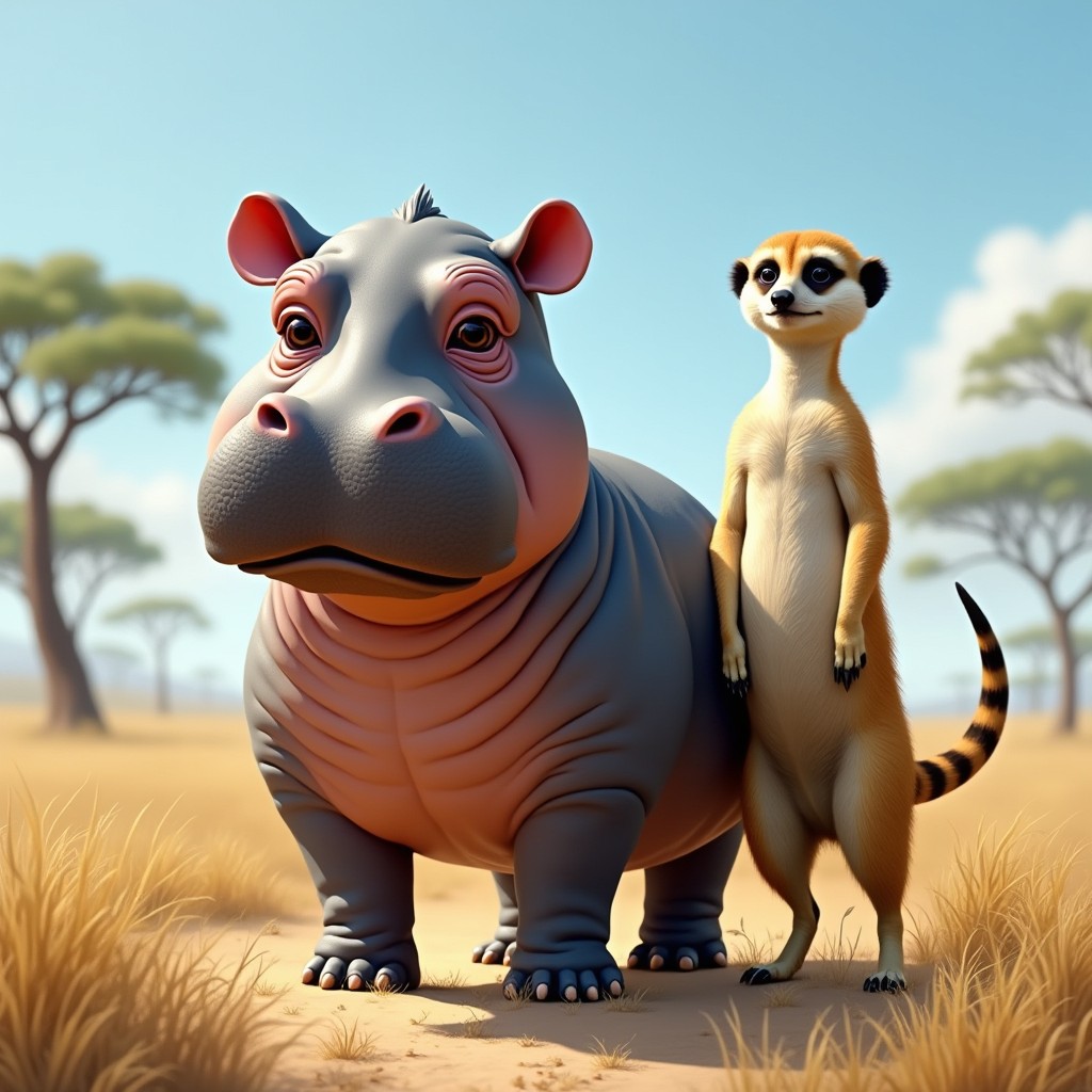 A whimsical creature with two heads: one head of a large hippopotamus characterized by its broad snout and large, endearing eyes, and the other head of a curious meerkat, complete with its upright posture, tiny ears, and inquisitive expression
