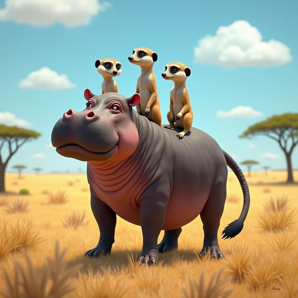 A fantastical creature with three heads: one head of a large hippopotamus featuring its wide mouth and soft, kind eyes, the second head of an alert meerkat with its elongated snout and curious gaze, and the third head blending characteristics of both animals in a unique and playful design