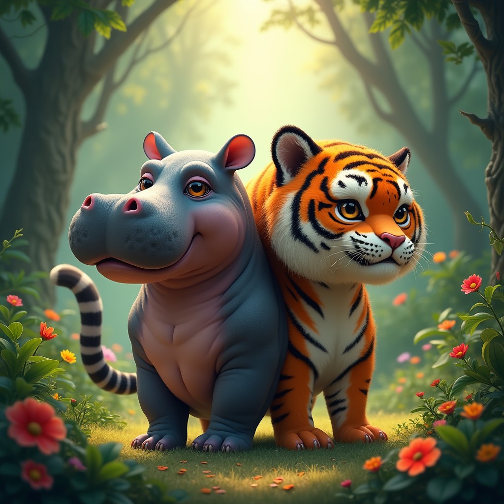 A fantastical creature with two heads: one head featuring a gentle hippopotamus with its broad mouth and expressive eyes, and the other head showcasing a fierce tiger with its striking orange and black striped fur, sharp gaze, and powerful features