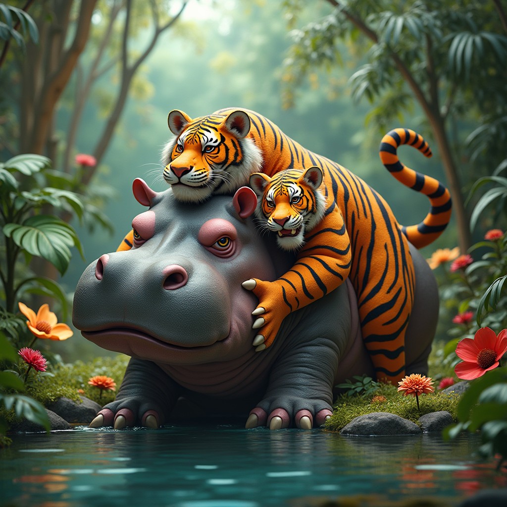 A fantastical creature featuring three unique heads: one resembling a large and friendly hippopotamus with its characteristic wide mouth and gentle eyes, the second head showcasing the fierce and striking features of a tiger, complete with sharp fangs, vivid stripes, and intense gaze, and the third head creatively merging elements from both the hippo and the tiger, combining the sturdy build of the hippo with the agility and grace of the tiger