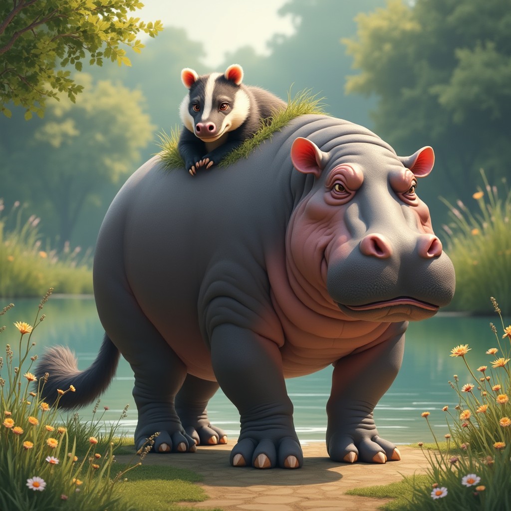 A fantastical hybrid creature with two heads: one head of a massive hippopotamus, showcasing its large, rounded features, gentle eyes, and a relaxed smile, while the other head resembles a distinctive badger, featuring a sharp snout, small ears, and a curious expression