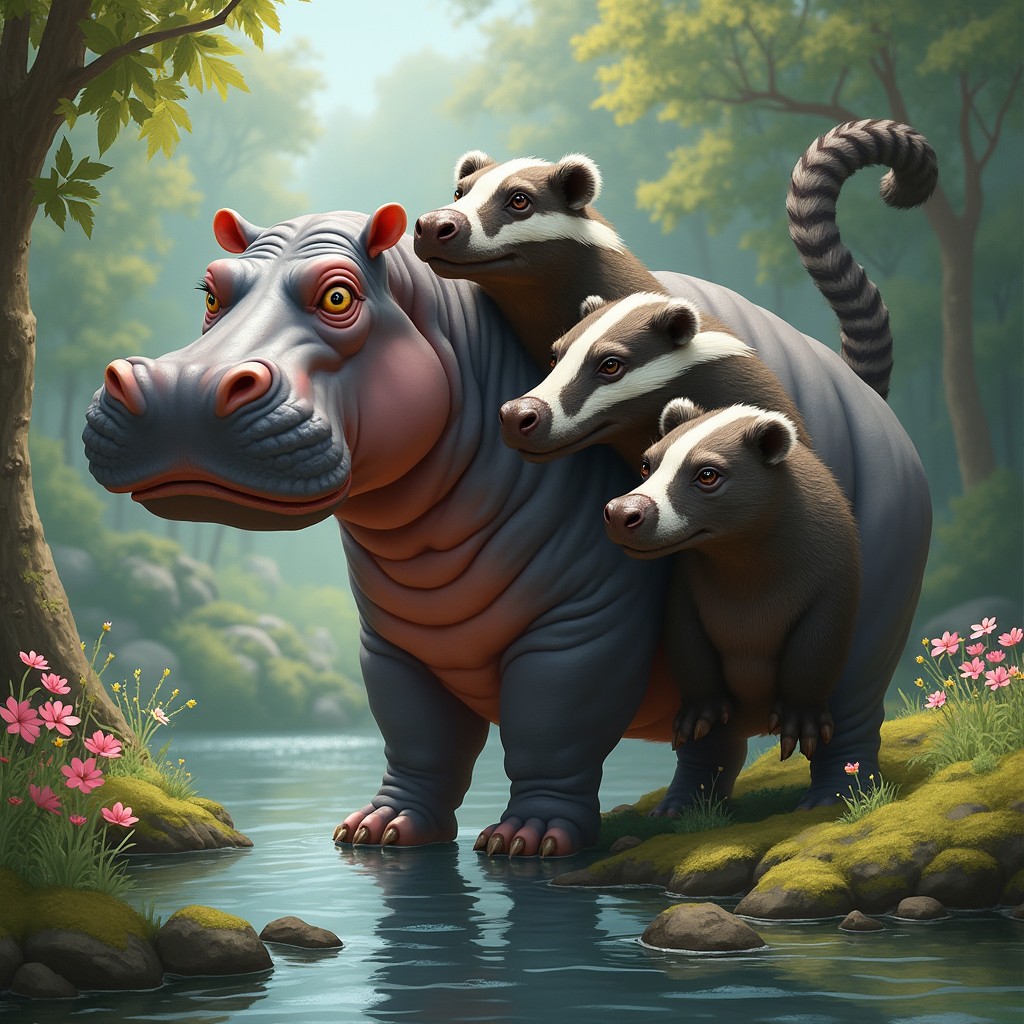 A fantastical creature featuring three heads: one head of a stout hippopotamus with its charmingly broad mouth and gentle eyes, another head of a fierce badger representing tenacity and strength, and the third head that creatively combines features of both the hippo and the badger, showcasing the hippo's stoutness with the badger's distinctive stripes and alert expression