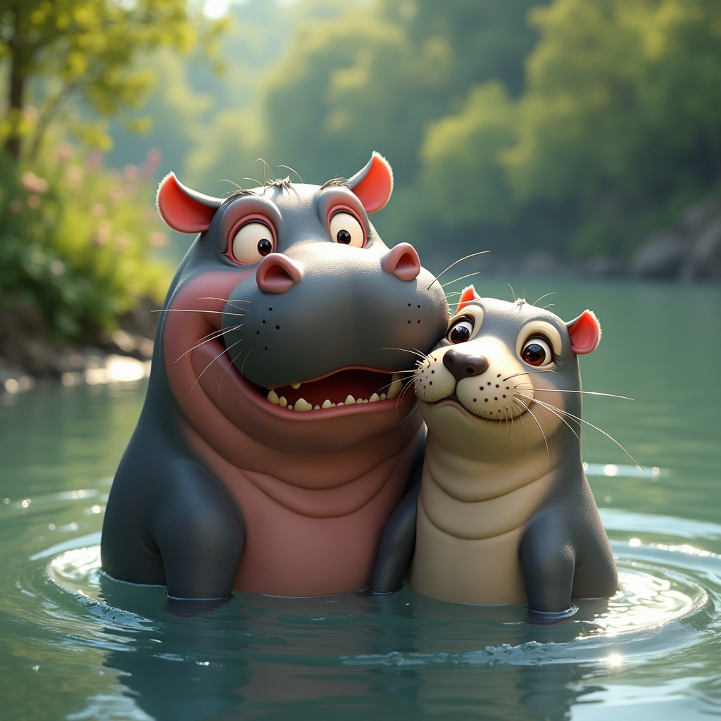 A whimsical creature with two heads: one head of a large, friendly hippopotamus, showcasing its broad smile and big, expressive eyes, and the other head of a sleek, playful seal, featuring a smooth face and whiskers, radiating charm and curiosity
