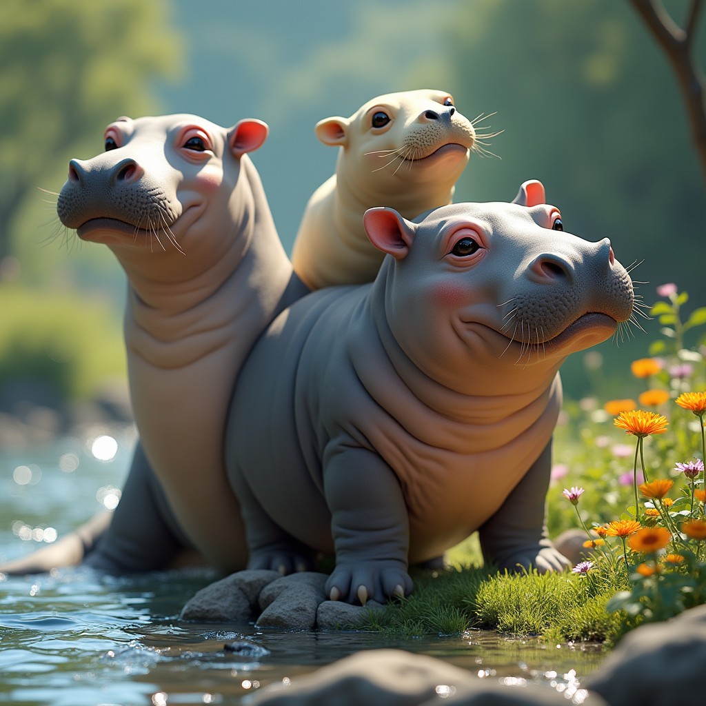 A whimsical creature featuring three heads: one head of a hefty hippopotamus with its large, round body and serene expression, another head of a playful seal characterized by its smooth skin and bright, expressive eyes, and a third head that creatively blends features of both, combining the hippo's stoutness with the seal's agility