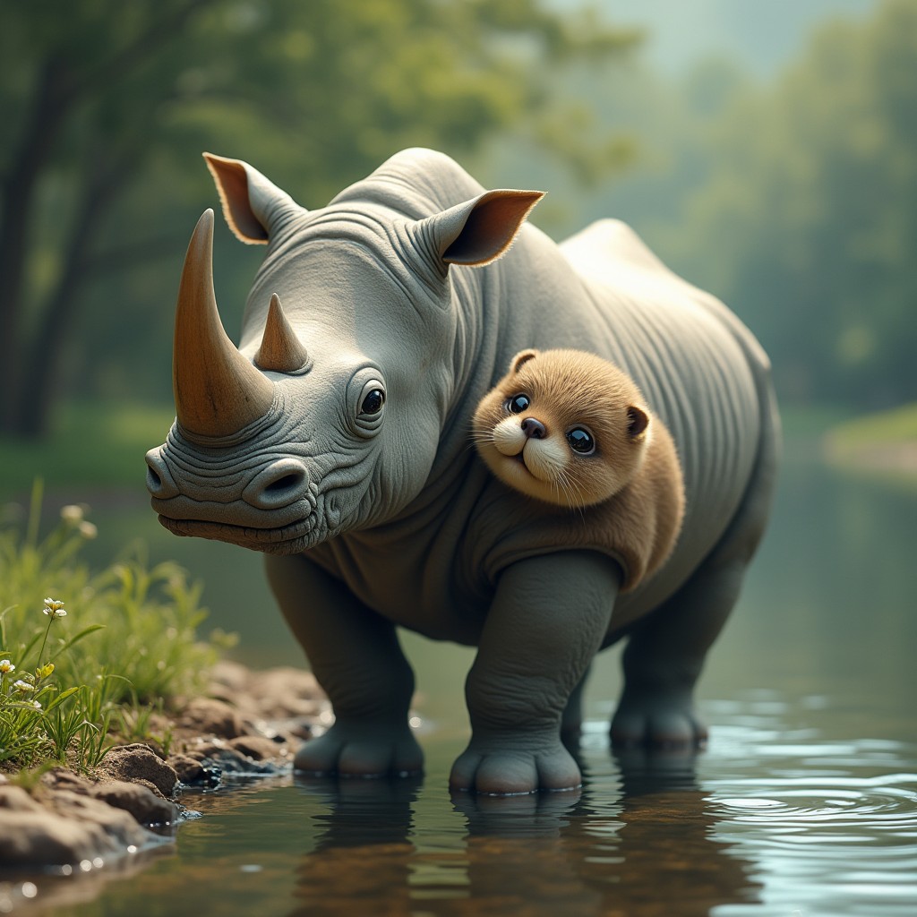 A whimsical creature with two heads: one head of a powerful rhinoceros characterized by its large horn, thick skin, and sturdy build, exuding a sense of strength and majesty, and the other head of an adorable otter, complete with round eyes, a playful expression, and a streamlined body