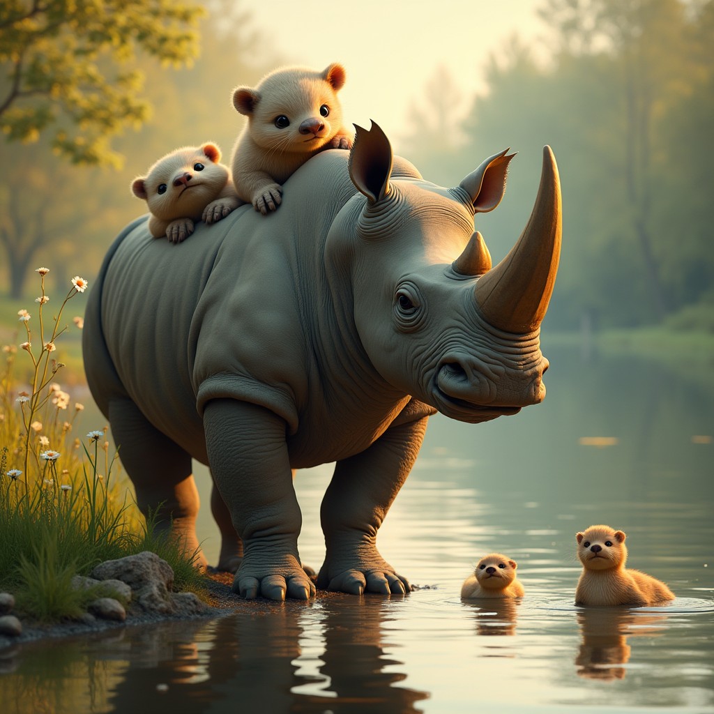 A whimsical creature featuring three heads: one head of a sturdy rhinoceros with its large horn and rugged skin, conveying strength and resilience; the second head of a playful otter with its smooth fur, bright eyes, and a cheerful expression; and the third head that creatively merges characteristics of both animals, capturing the essence of the rhino's size and the otter's playfulness