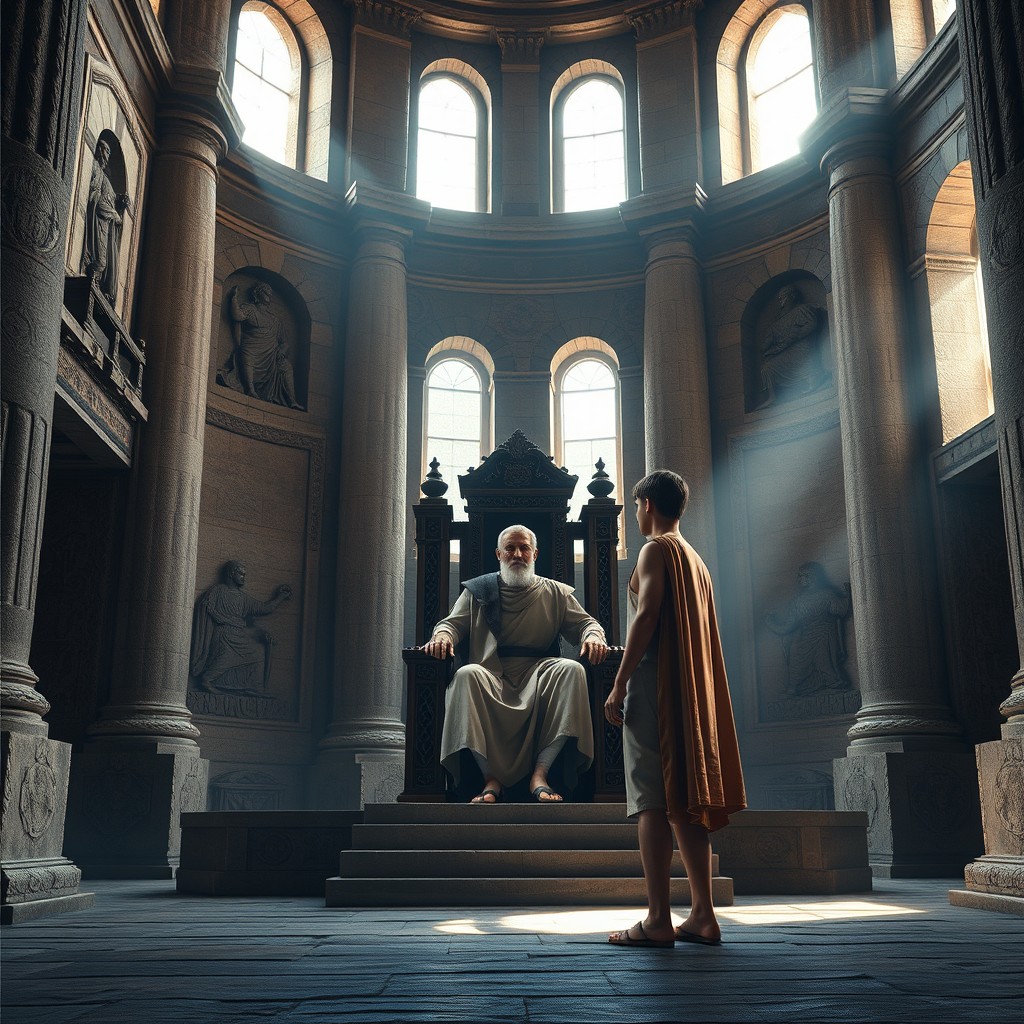 In an ancient throne room with towering stone walls adorned with intricate carvings, a sense of history and grandeur pervades the atmosphere