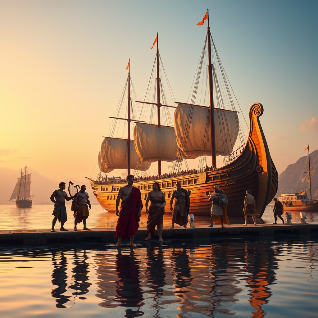 At dawn, a serene port is bathed in the soft golden hues of early morning light, creating a tranquil yet inspiring setting