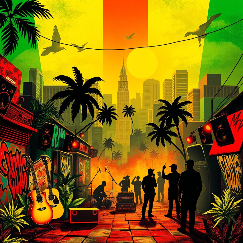 An artistic background designed for a reggae album cover, showcasing an urban style infused with the vibrant colors of the Rastafarian flag - red, green, and gold