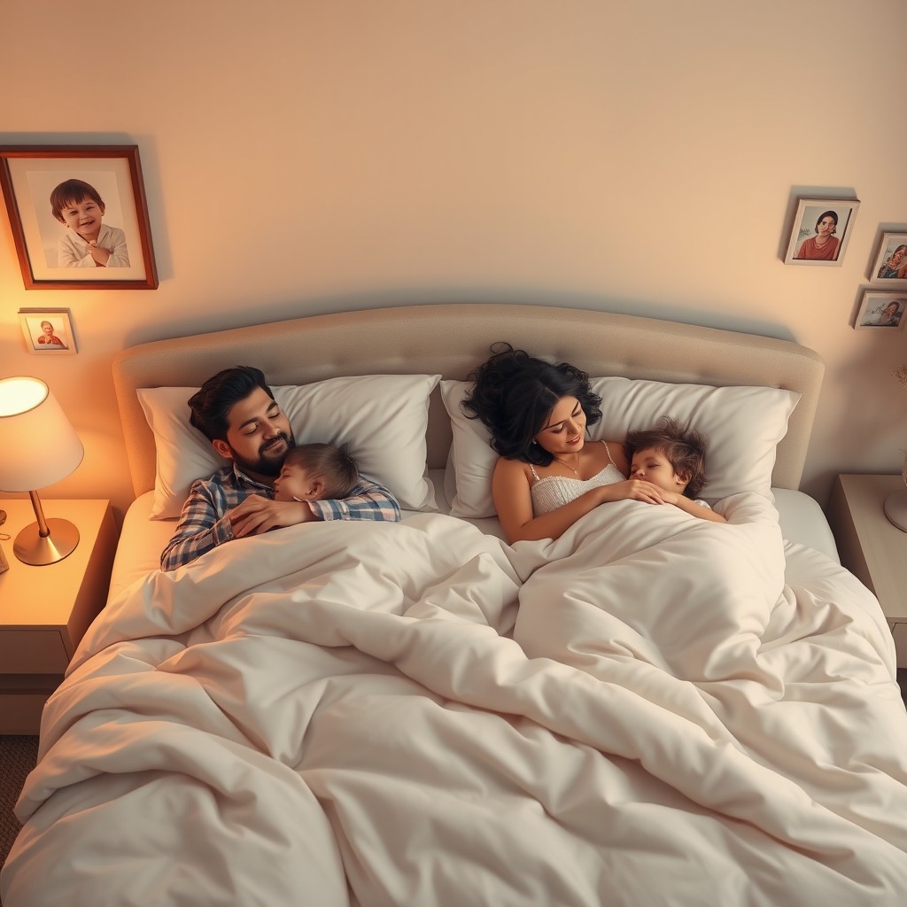A peaceful and serene scene of a family sleeping together in a cozy bedroom