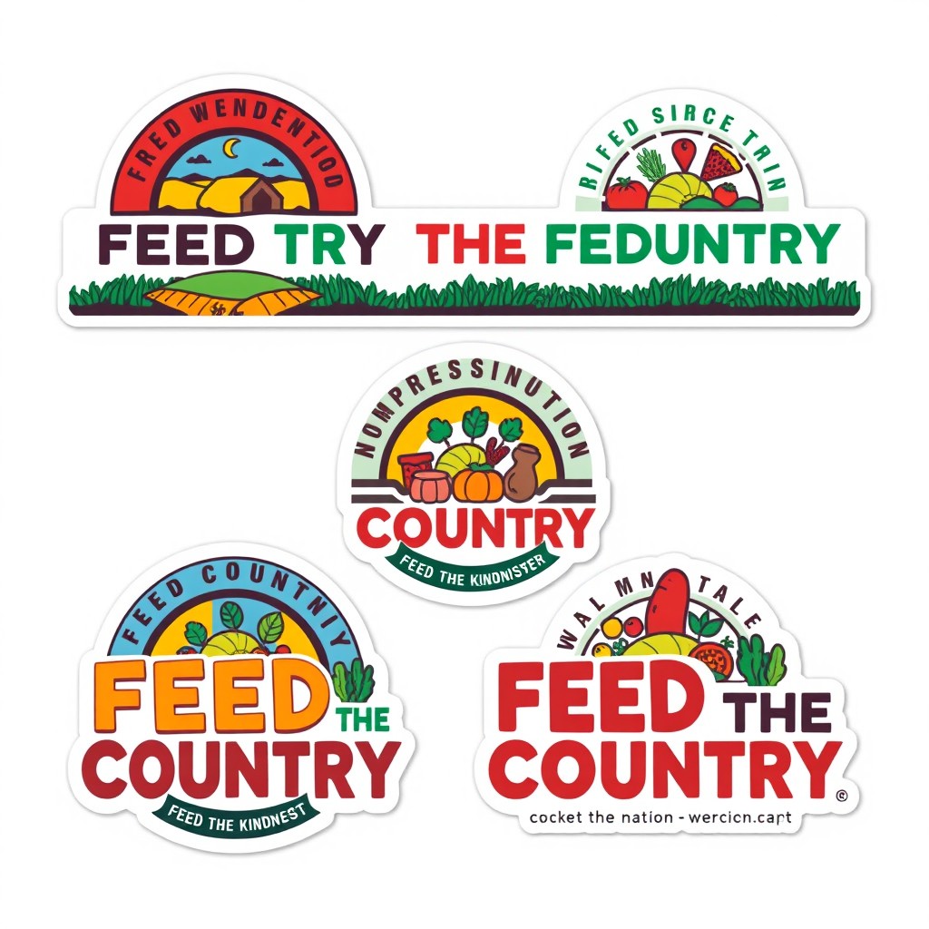 A series of unique bumper stickers featuring a vibrant and eye-catching logo that represents community, sustainability, and nourishment, integrated with the bold message 'FEED THE COUNTRY