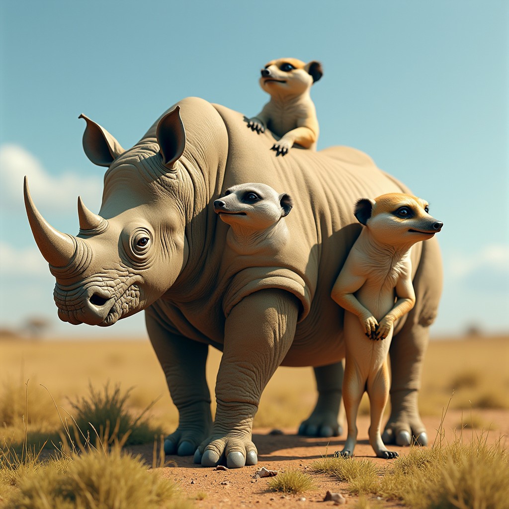 A fantastical creature featuring three heads, combining the robust physique of a rhinoceros with the playful characteristics of a meerkat: one head is a powerful rhino with its thick skin, horns, and wise, gentle eyes; the second head is a lively meerkat, poised and alert, showcasing a curious expression and small ears; the third head is a creative fusion of both, merging the rhino's strength with the meerkat's curiosity