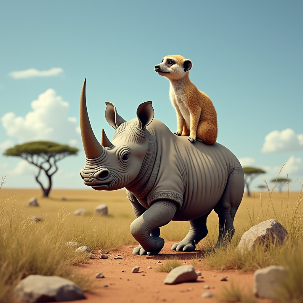 A fantastical two-headed creature combining features of a rhinoceros and a meerkat: one head showcases the robust and formidable characteristics of a rhinoceros, complete with its thick skin and impressive horn, while the other head exhibits the playful and curious traits of a meerkat, with its slender snout and bright, alert eyes