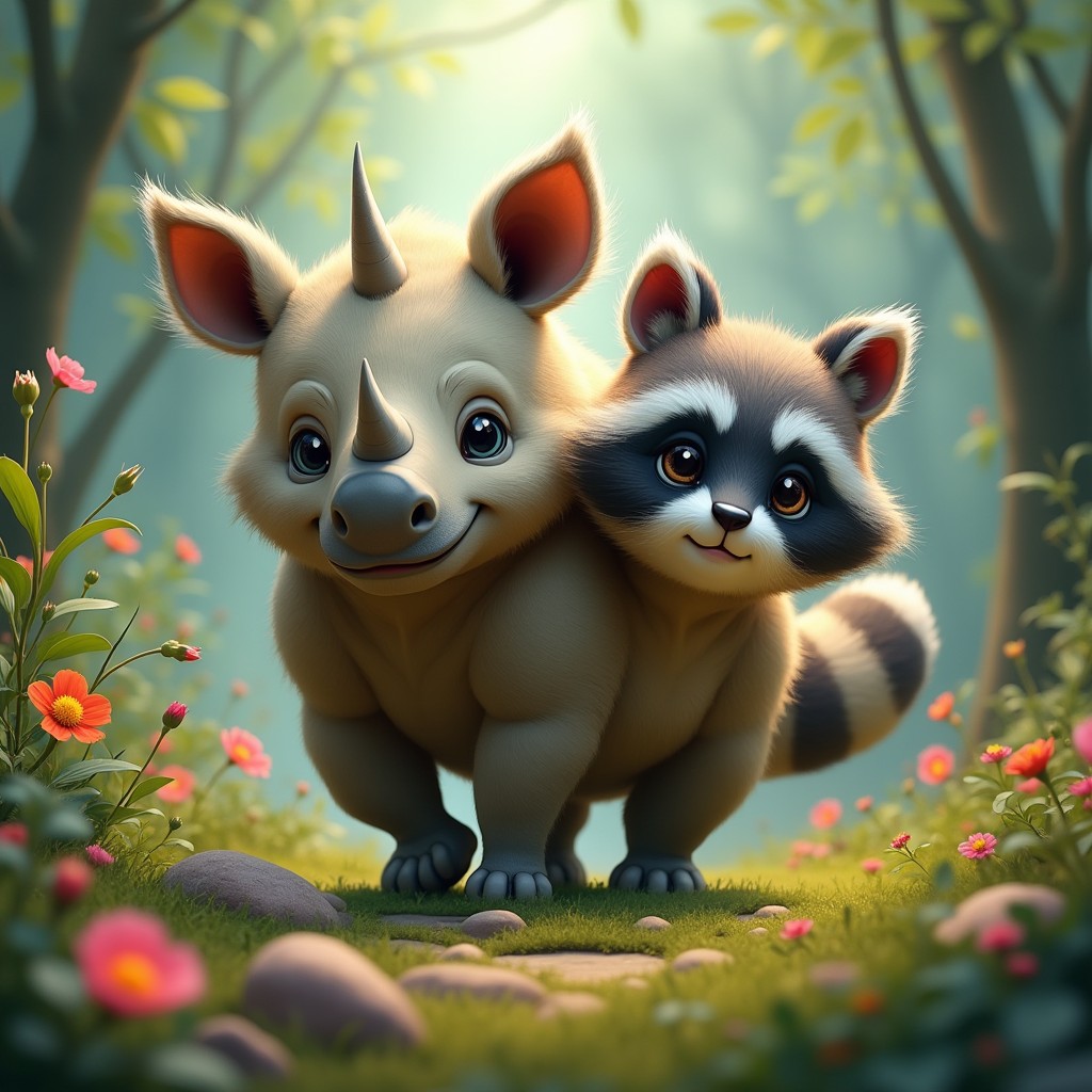 A whimsical hybrid creature featuring two heads: one head of a sturdy rhinoceros, complete with its characteristic thick skin, large horn, and gentle, wise eyes, and the other head resembling a playful raccoon, featuring its signature mask-like face, bright eyes, and expressive features