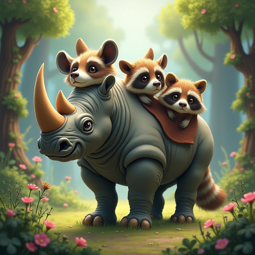 A whimsical creature with three heads: one head of a robust rhinoceros featuring its distinctive horn, thick skin, and kind eyes, another head resembling an adorable raccoon with its signature mask, bushy tail, and playful expression, and the third head being a creative fusion of both, showcasing the strength of the rhino combined with the mischievous charm of the raccoon