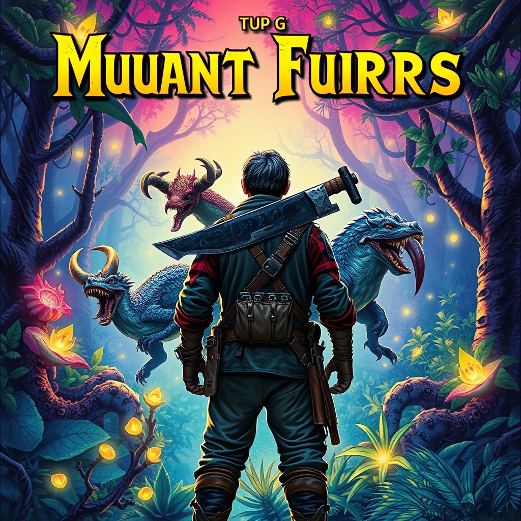 A captivating RPG book cover featuring mutant animals in a vibrant, mutated forest setting