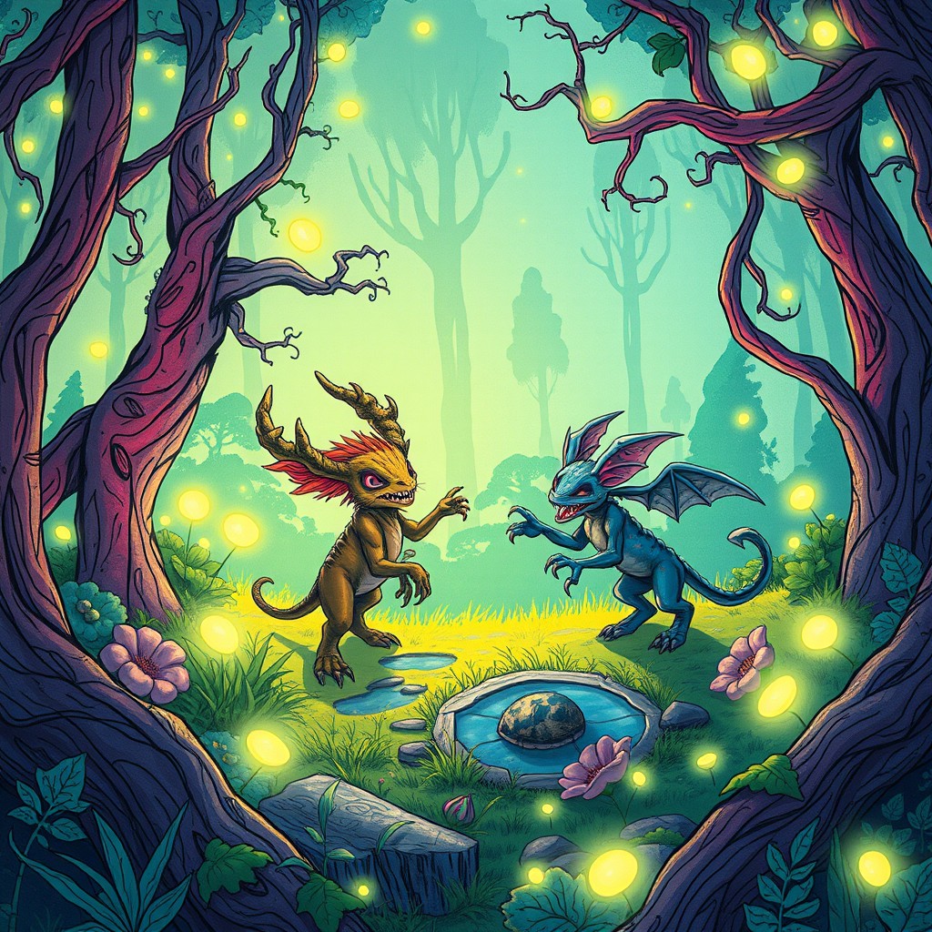A fantastical RPG book cover illustrated in a drawn, non-realistic style, depicting mutant animals in a vibrant, mutated forest setting