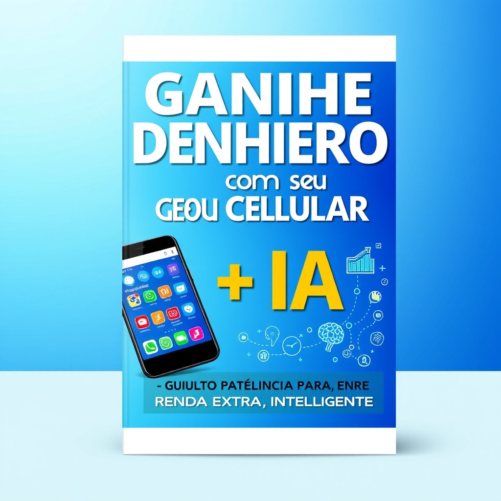 A vibrant eBook cover design with the title "Ganhe Dinheiro com seu Celular + IA: Guia Prático para Renda Extra Inteligente" prominently displayed in a modern and bold font