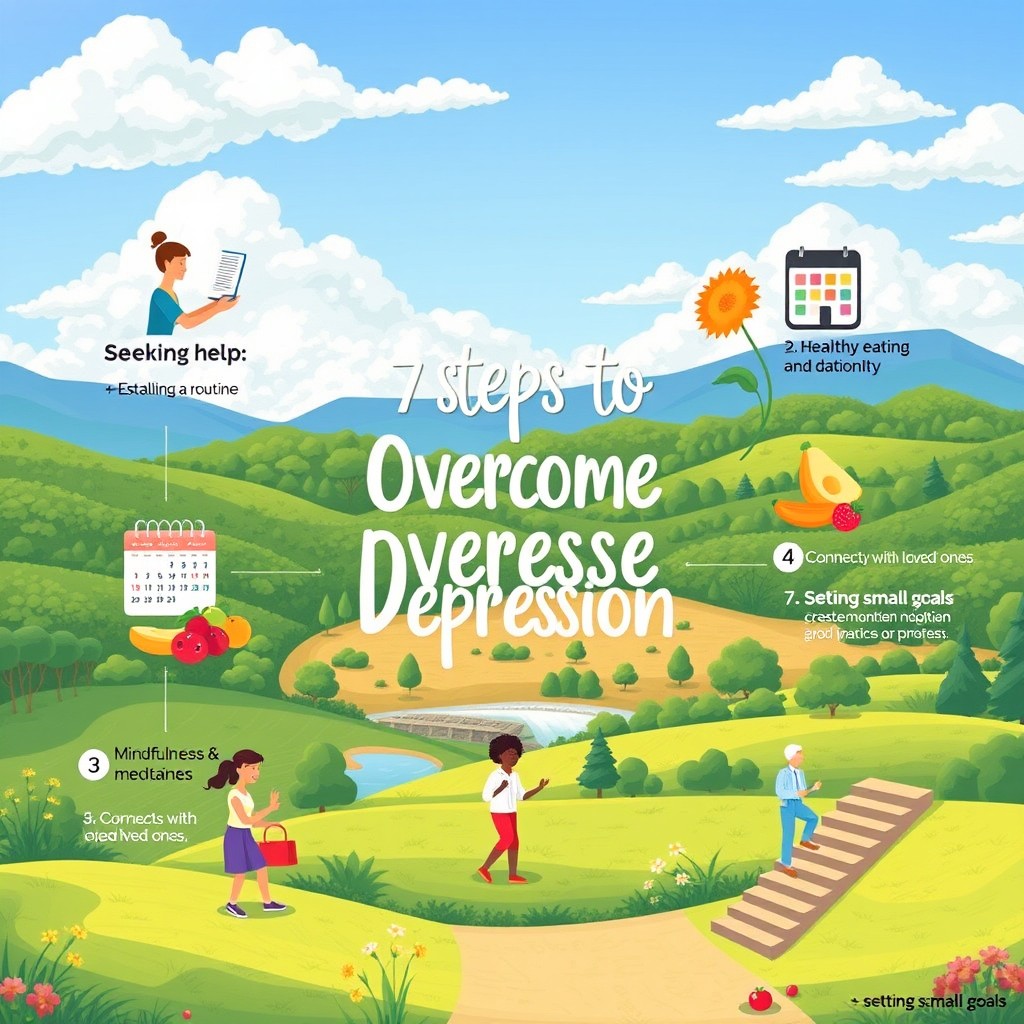 An inspirational illustration depicting the '7 Steps to Overcome Depression' on a beautiful scenic background