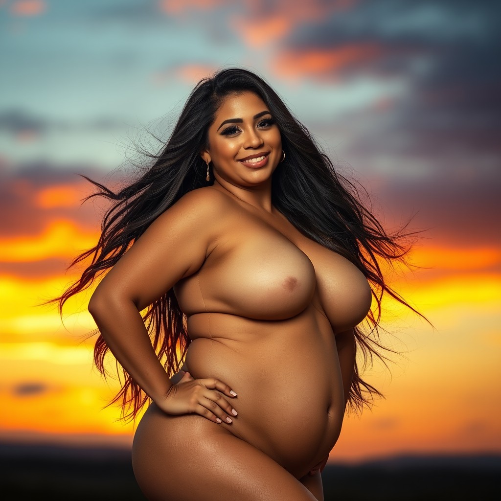 A voluptuous woman confidently posing, exuding charisma with her long, flowing hair cascading down her shoulders