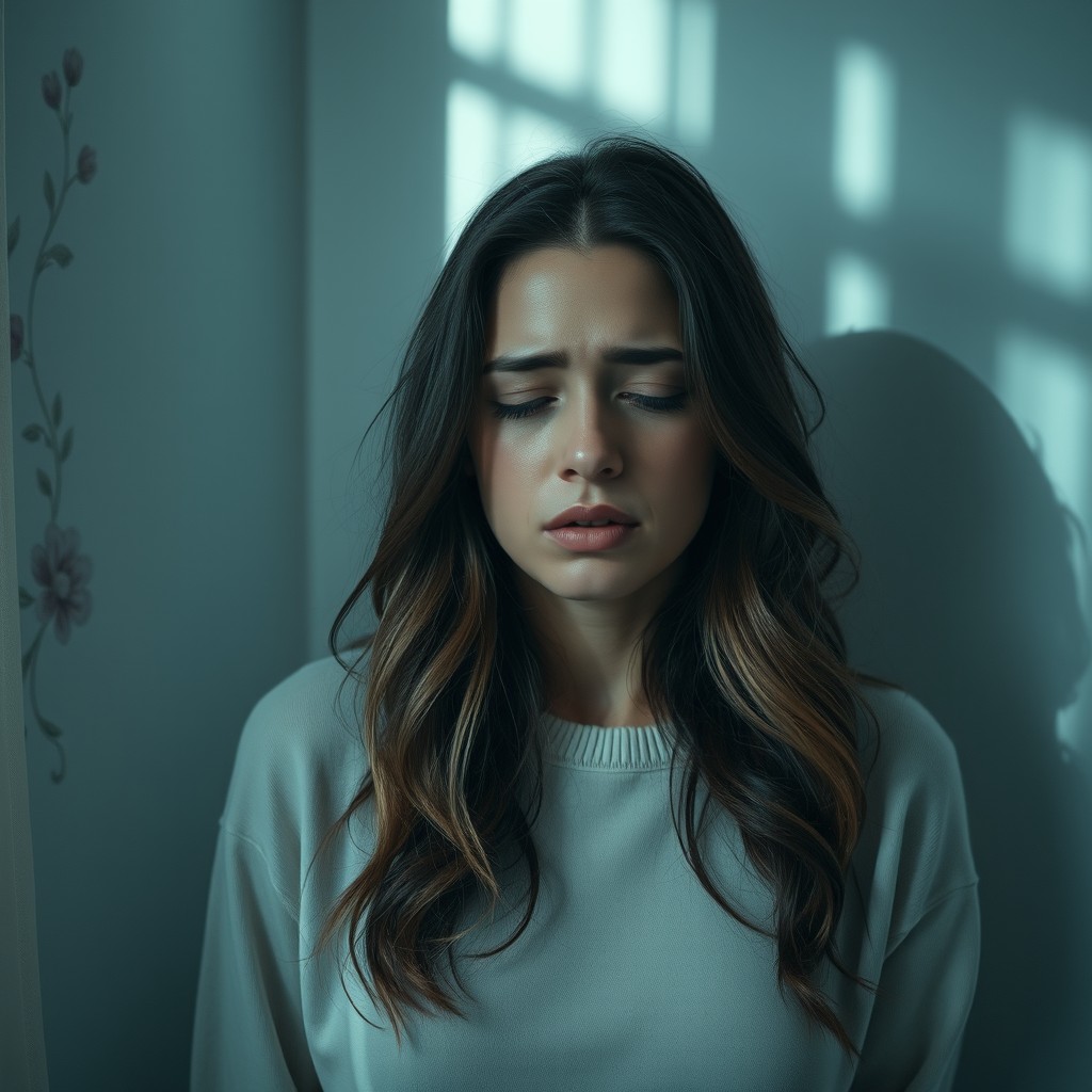 A woman crying, with tears streaming down her face