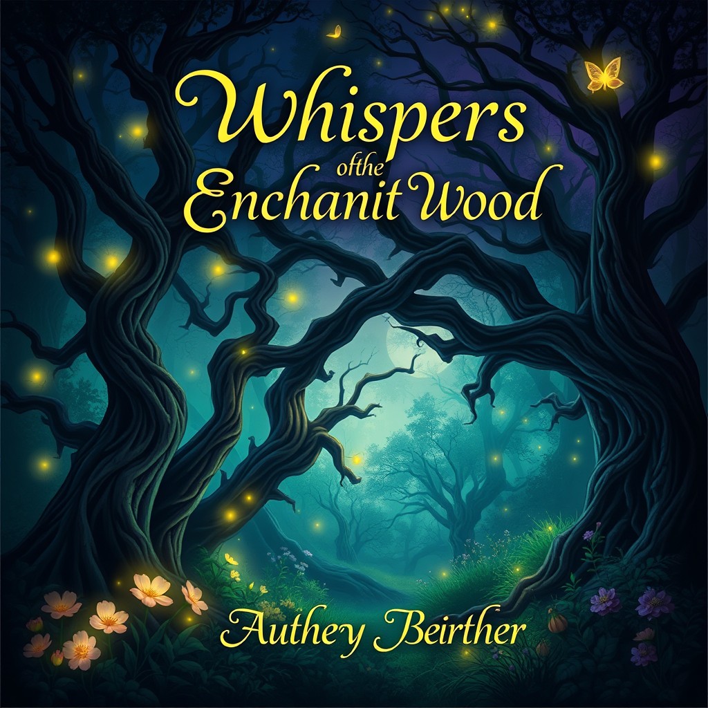 A book cover design featuring a mystical forest at twilight, with glowing flowers and fireflies illuminating the scene