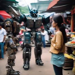 A beautiful woman confronting a Transformer robot in a traditional Indonesian market.