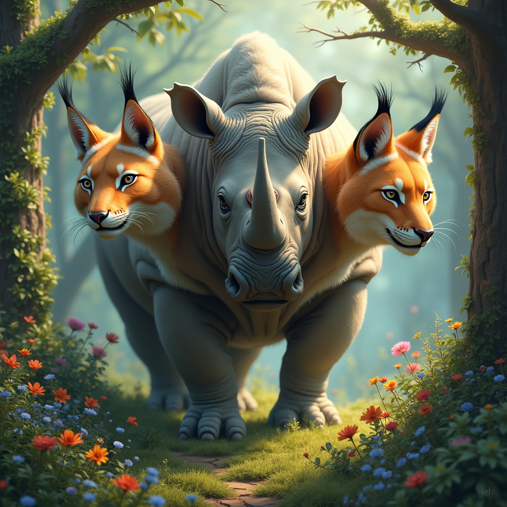 A fantastical creature with three heads: one head of a powerful rhinoceros, showcasing its iconic horn and sturdy features, another head of a sleek lynx with tufted ears and piercing eyes, and the third head that combines elements from both, featuring the robust jaw of the rhino with the graceful and alert expression of the lynx