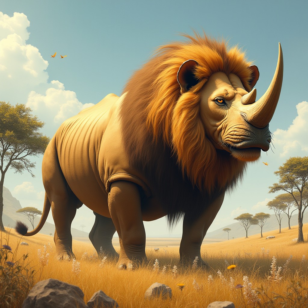 A fantastical creature boasting two heads: one head of a powerful rhinoceros with its prominent horn, sturdy skin, and an expression of strength and determination, and the other head of a majestic lion, characterized by its flowing mane, piercing eyes, and regal demeanor