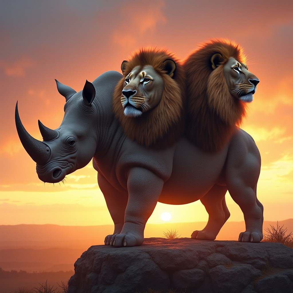 A fantastical creature featuring three heads: one head of a robust rhinoceros showcasing its iconic large horn and thick, textured skin, exuding strength and resilience; the second head of a majestic lion with a luxurious mane, fierce expression, and piercing eyes, representing bravery and nobility; and the third head that creatively merges elements of both animals, blending the powerful physique of the rhino with the regal features of the lion