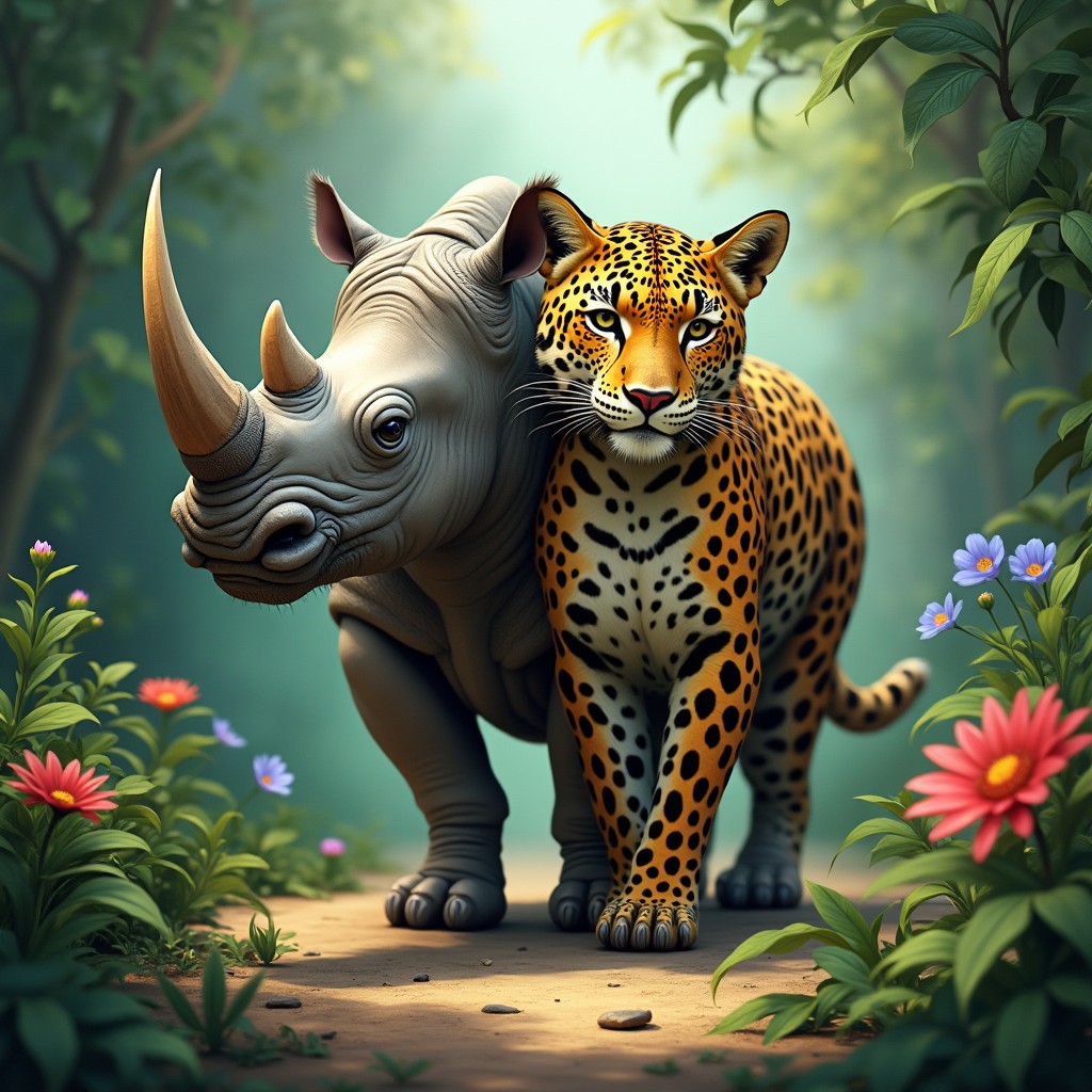 An imaginative creature with two heads: one head of a majestic rhinoceros with its thick skin, large horn, and strong body, exuding a sense of power and wildness, and the other head of a sleek leopard featuring its distinctive spotted fur, sharp eyes, and a confident expression