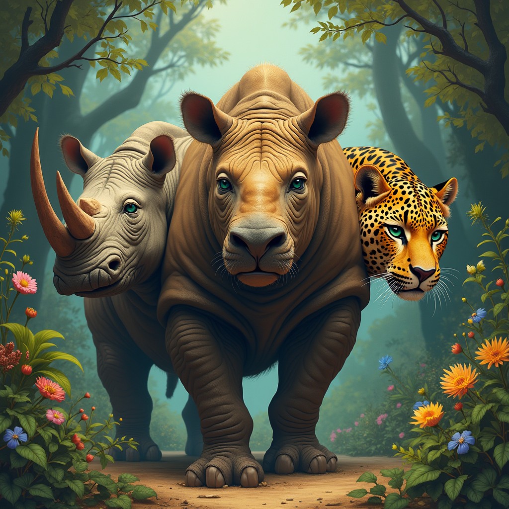 An imaginative creature with three heads: one head of a mighty rhinoceros, showcasing its thick, textured skin and impressive horn, symbolizing power; the second head of a sleek leopard, displaying its striking spots, sharp features, and piercing green eyes, exuding grace and agility; the third head is a unique blend that combines elements from both animals, presenting a fierce yet captivating expression