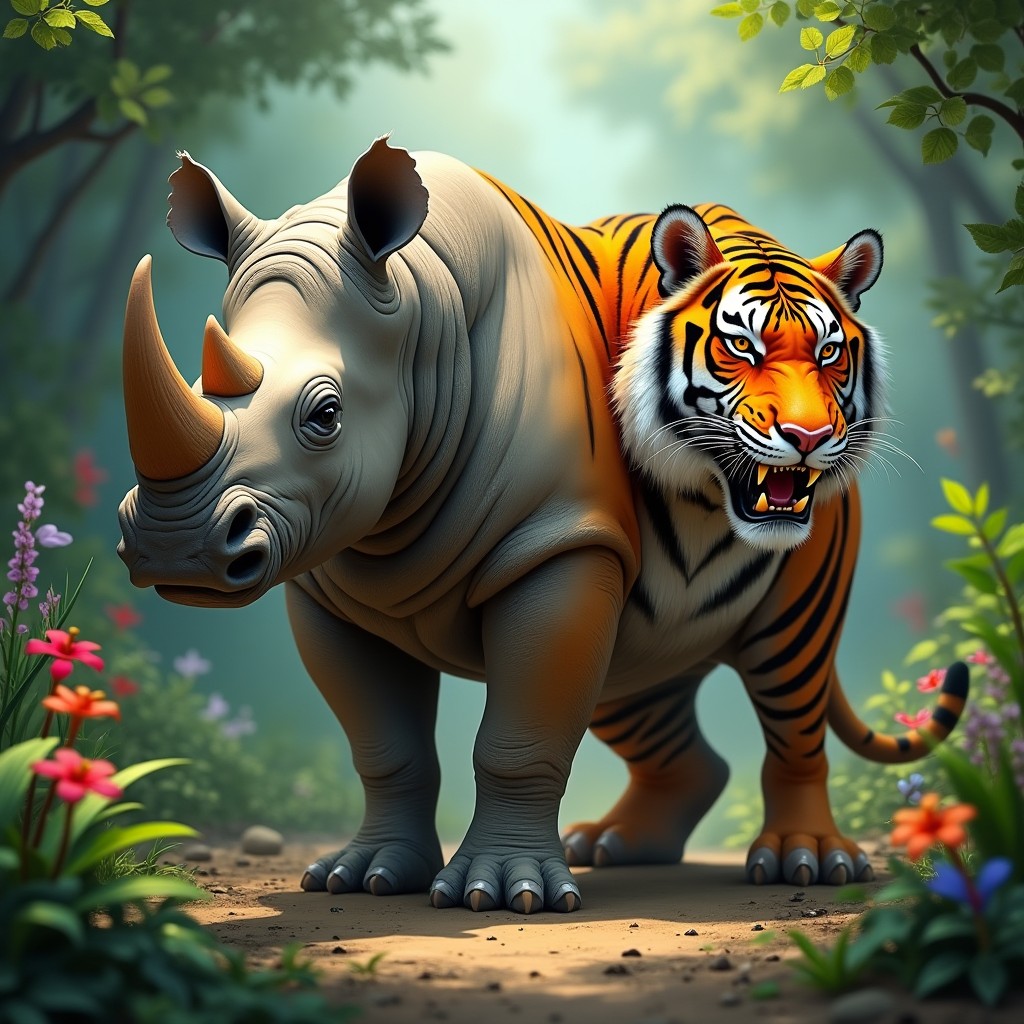An imaginative two-headed creature that combines the robust body of a rhinoceros with the majestic features of a tiger: one head is that of a powerful rhinoceros, showcasing its thick skin and prominent horn, exuding strength and wisdom, while the other head is a fierce tiger, with bright orange fur, bold black stripes, sharp teeth, and piercing eyes that convey both ferocity and grace