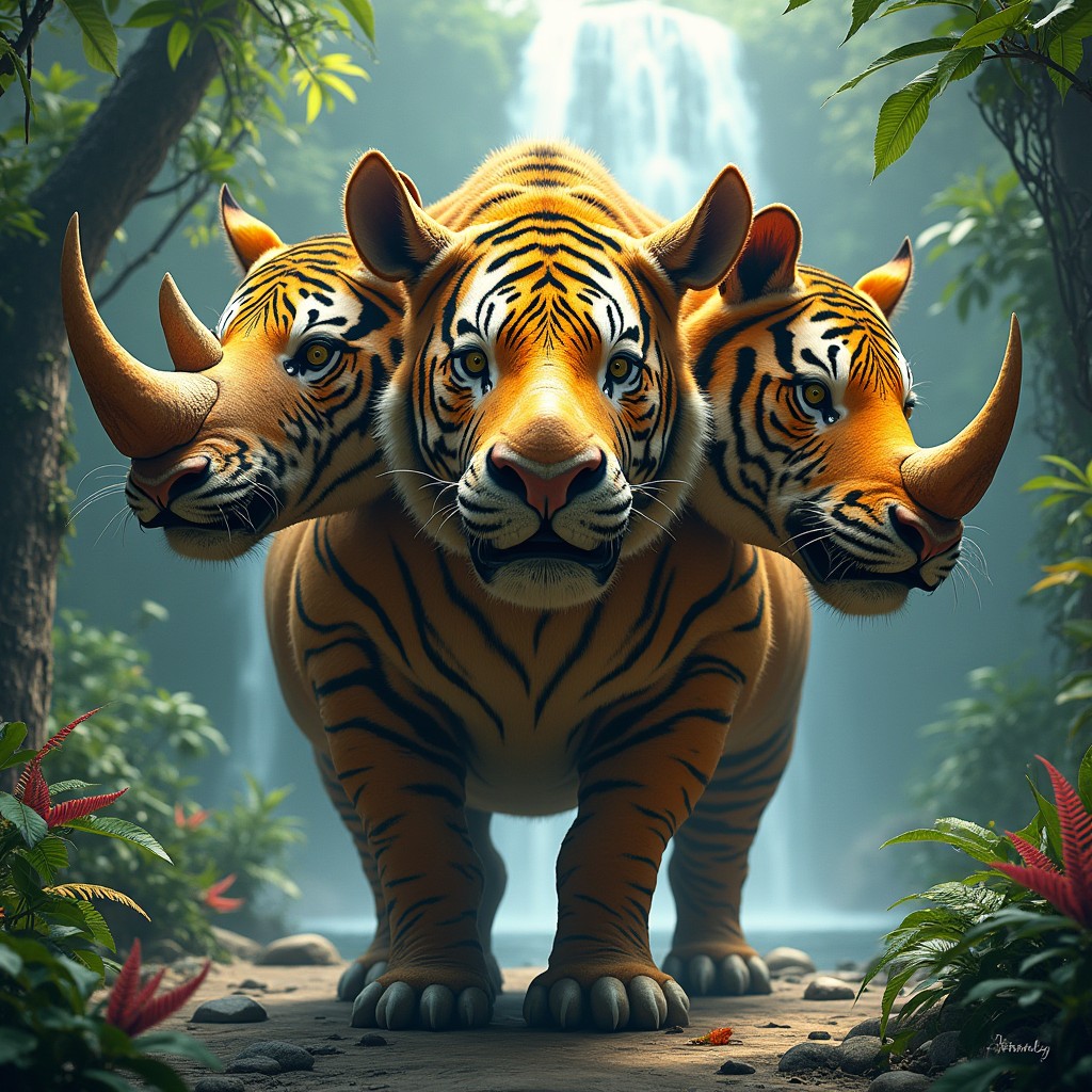 A majestic and imaginative creature with three heads: one head showcases the powerful features of a rhinoceros, complete with a thick, textured skin and a prominent horn; the second head features the fierce and striking aspects of a tiger, with bright orange and black stripes, sharp teeth, and intense eyes; the third head is a creative fusion of both, blending the strength of the rhinoceros with the sleek and agile features of a tiger