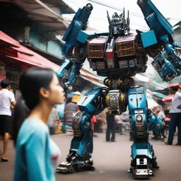 A beautiful woman confronting a Transformer robot in a traditional Indonesian market.