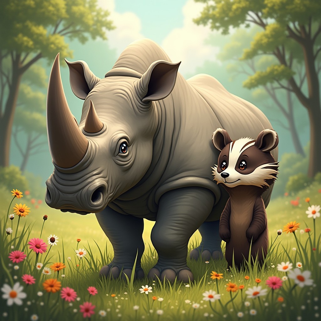 A fantastical creature with two heads: one head of a powerful rhinoceros featuring its iconic horn, thick skin, and wise eyes, symbolizing strength and resilience, and the other head of a curious badger with its distinctive stripes, small ears, and playful, inquisitive expression