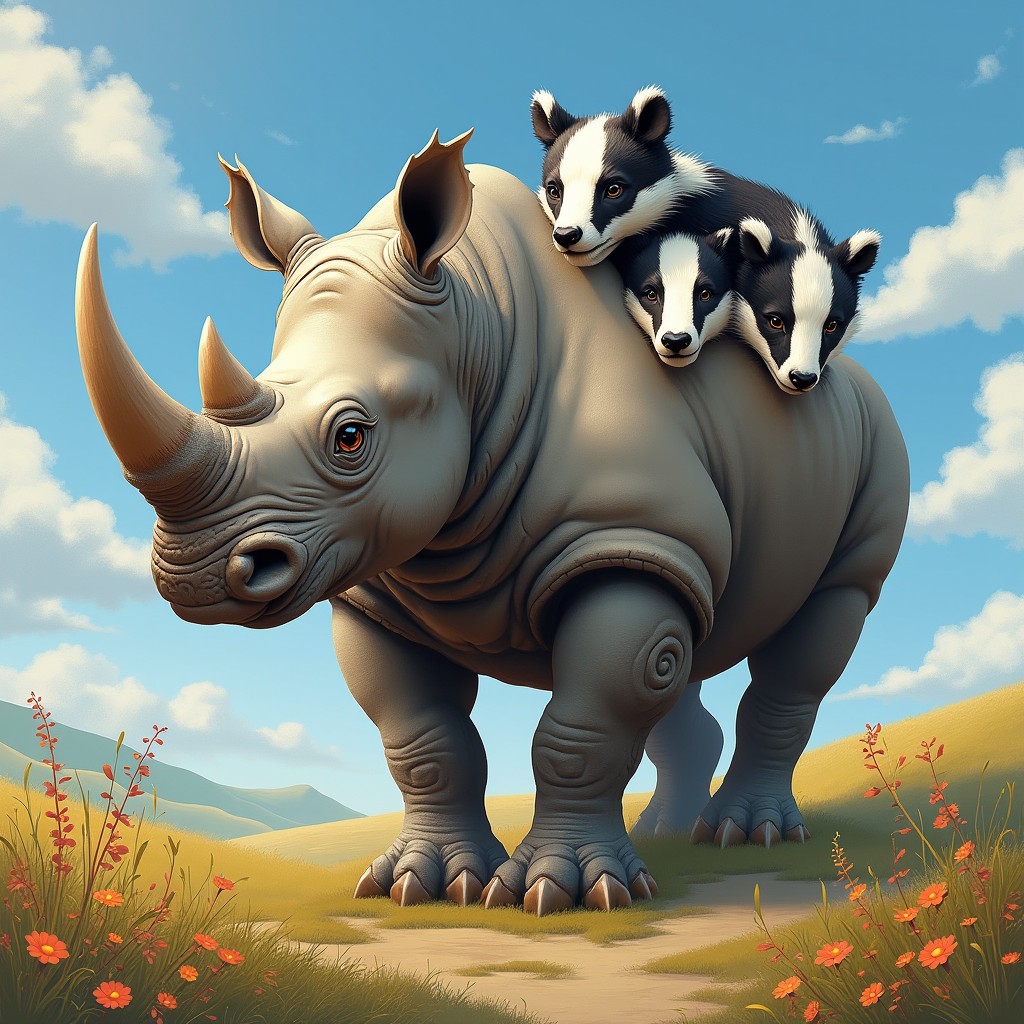 A fantastical creature featuring three heads: one head of a mighty rhinoceros with its iconic horn, strong jaw, and wise, expressive eyes, another head of a striking badger adorned with its distinctive black and white facial markings, sharp ears, and curious demeanor, and the third head that creatively blends elements of both, showcasing the robustness of the rhino with the slyness of the badger