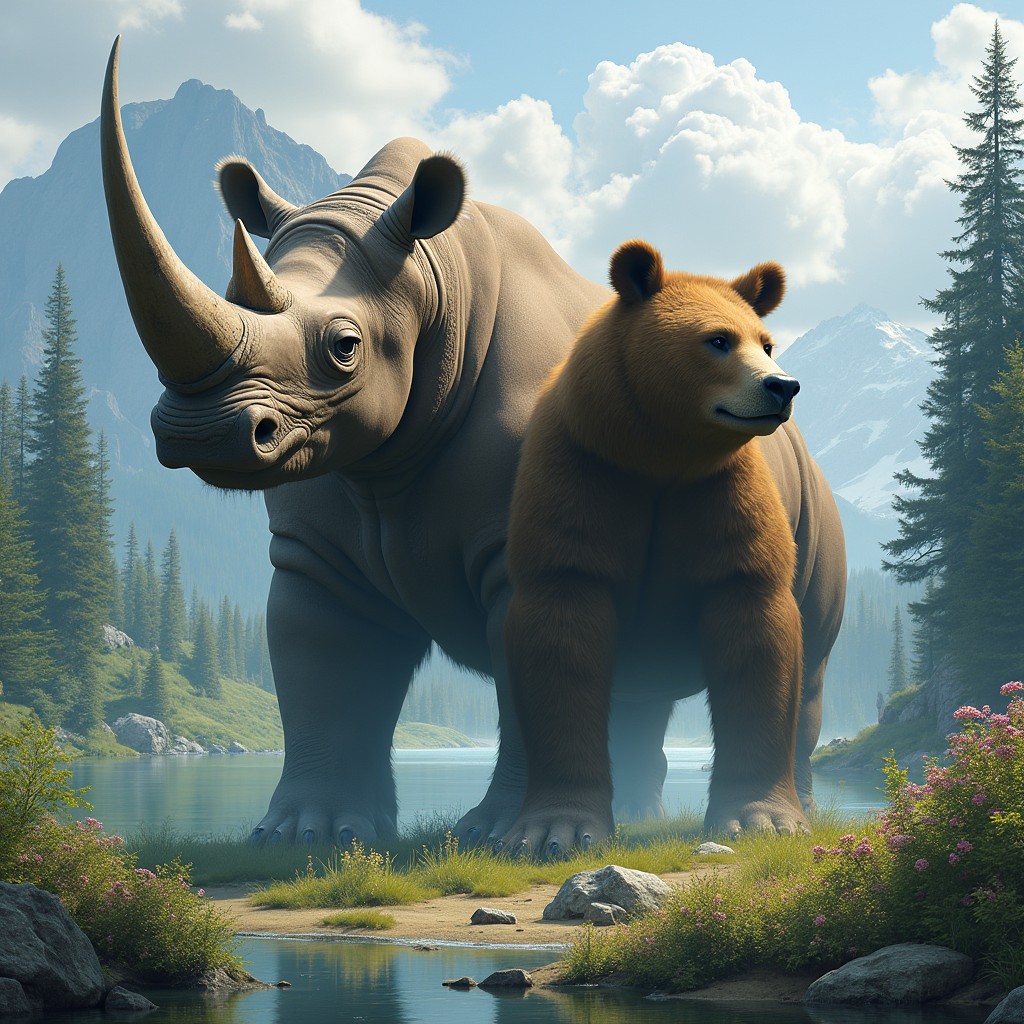 A fantastical hybrid creature featuring two heads: one head of a robust rhinoceros with its iconic horn, thick skin, and a poised expression that conveys power and resilience, and the other head of a mighty bear, complete with a broad snout, expressive eyes, and strong jaws, exuding a sense of strength and protectiveness