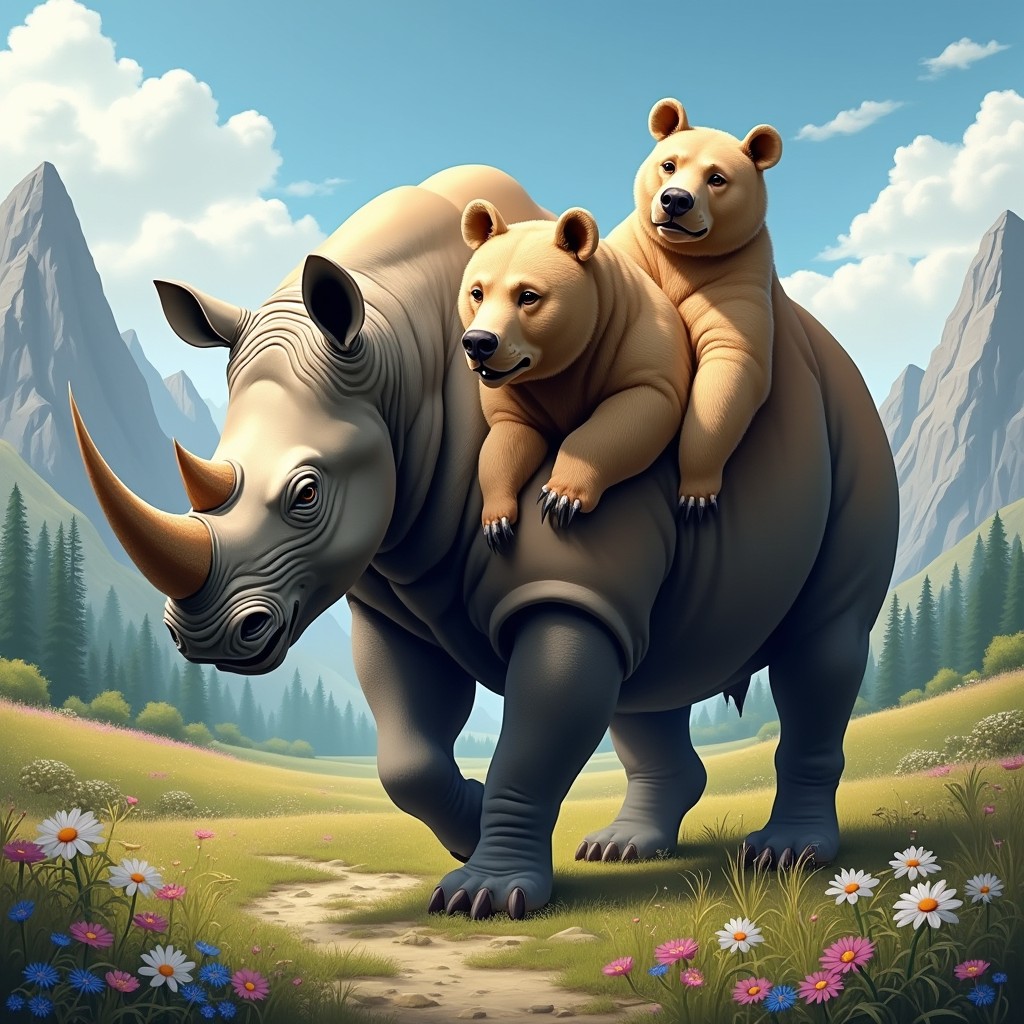 A fantastical creature with three heads: one head of a robust rhinoceros featuring its distinct horn, thick skin, and powerful expression; the second head of a large bear, characterized by its rounded ears, deep-set eyes, and a strong, formidable presence; and the third head blending elements of both animals, displaying the muscular structure of the rhino with the soft fur and expressive face of the bear