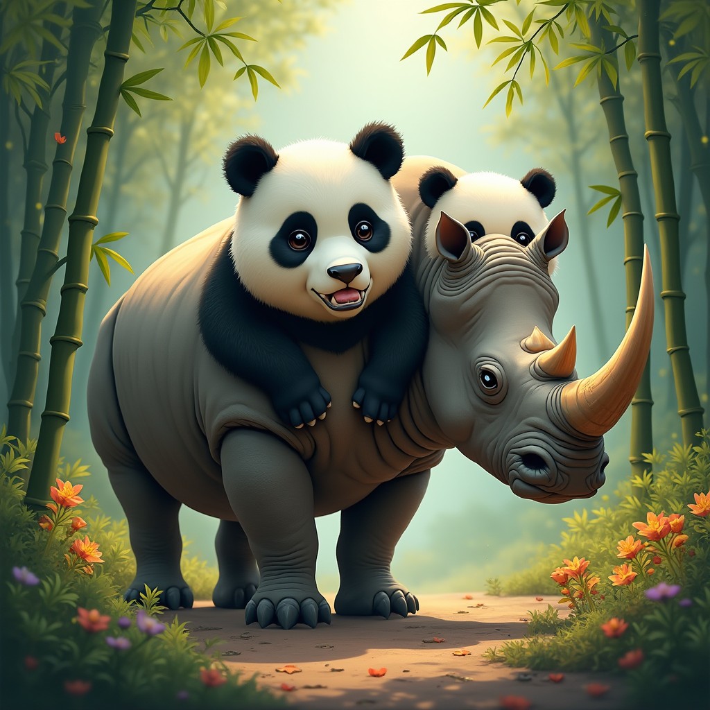 An imaginative creature showcasing two heads: one head of a robust rhinoceros with its distinctive thick skin, large horn, and a display of strength, paired with the second head of a cute panda, characterized by its round face, black and white fur, and gentle expression, representing playfulness and peace